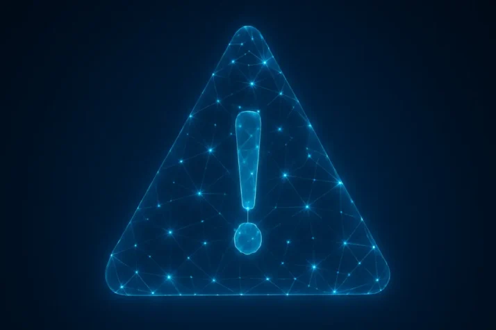 Triangle d’avertissement formé par un réseau neuronal lumineux sur fond bleu sombre, symbolisant la prudence face aux promesses exagérées.