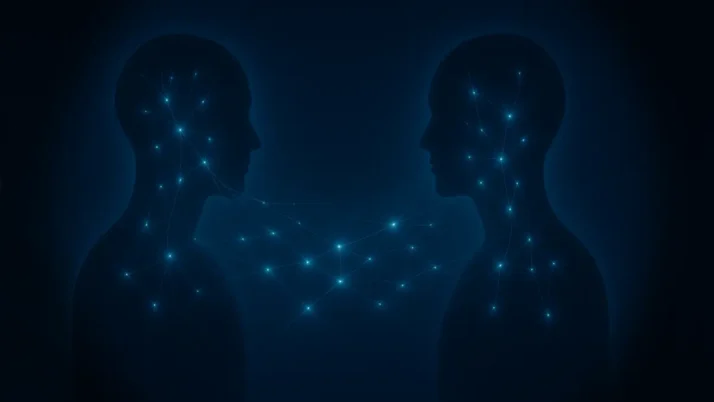 Deux silhouettes humaines reliées par un réseau lumineux symbolisant la contagion émotionnelle et l’influence de nos états intérieurs.