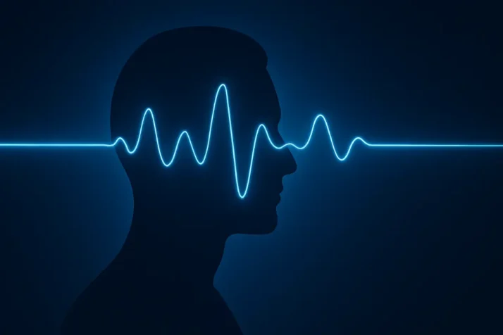 Silhouette humaine traversée par une onde cérébrale lumineuse, représentant la cohérence mentale et l’influence des états intérieurs.