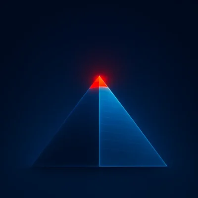 Pyramide bleue sur fond sombre avec un petit sommet rouge lumineux, illustrant la faible part de conscience par rapport à l’inconscient.