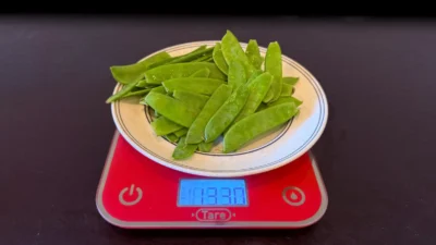 Assiette de pois gourmands posée sur une balance de cuisine affichant 133 grammes.