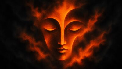 Visage abstrait en méditation dans une lumière dorée au milieu d'obscurité.