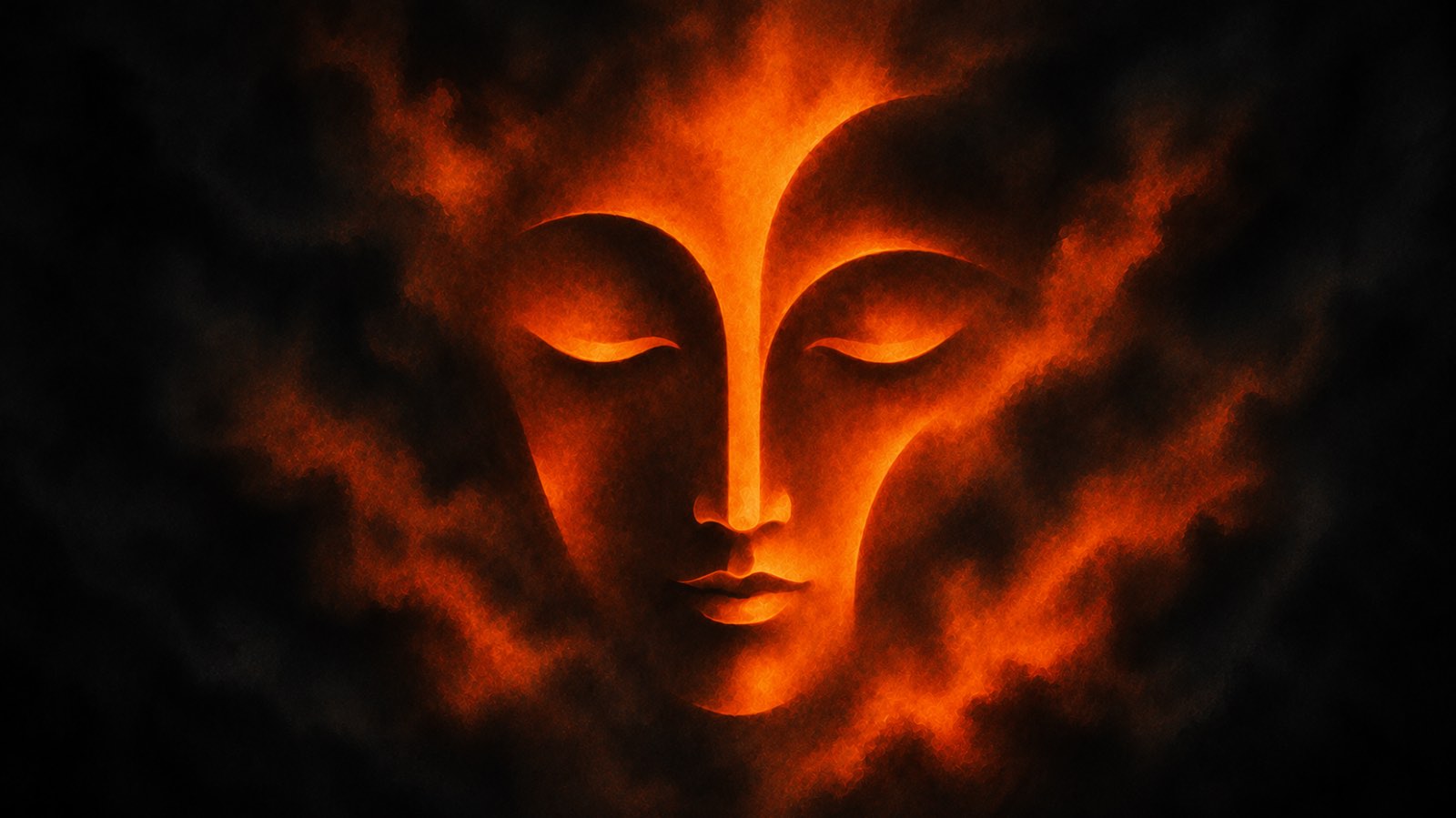 Visage abstrait en méditation dans une lumière dorée au milieu d'obscurité.