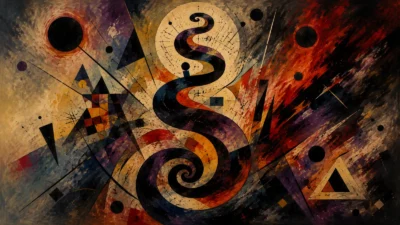 Illustration abstraite représentant la kundalini sous forme de spirale au milieu de formes géométriques évoquant la transformation et la déstabilisation.