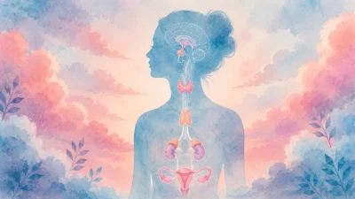 Illustration à l'aquarelle représentant la silhouette d'une femme en méditation, avec un schéma simplifié du système endocrinien dessiné en traits fins à l'intérieur du corps.