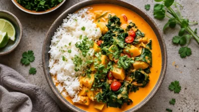 Bol de curry aux légumes, riz blanc et herbes fraîches.
