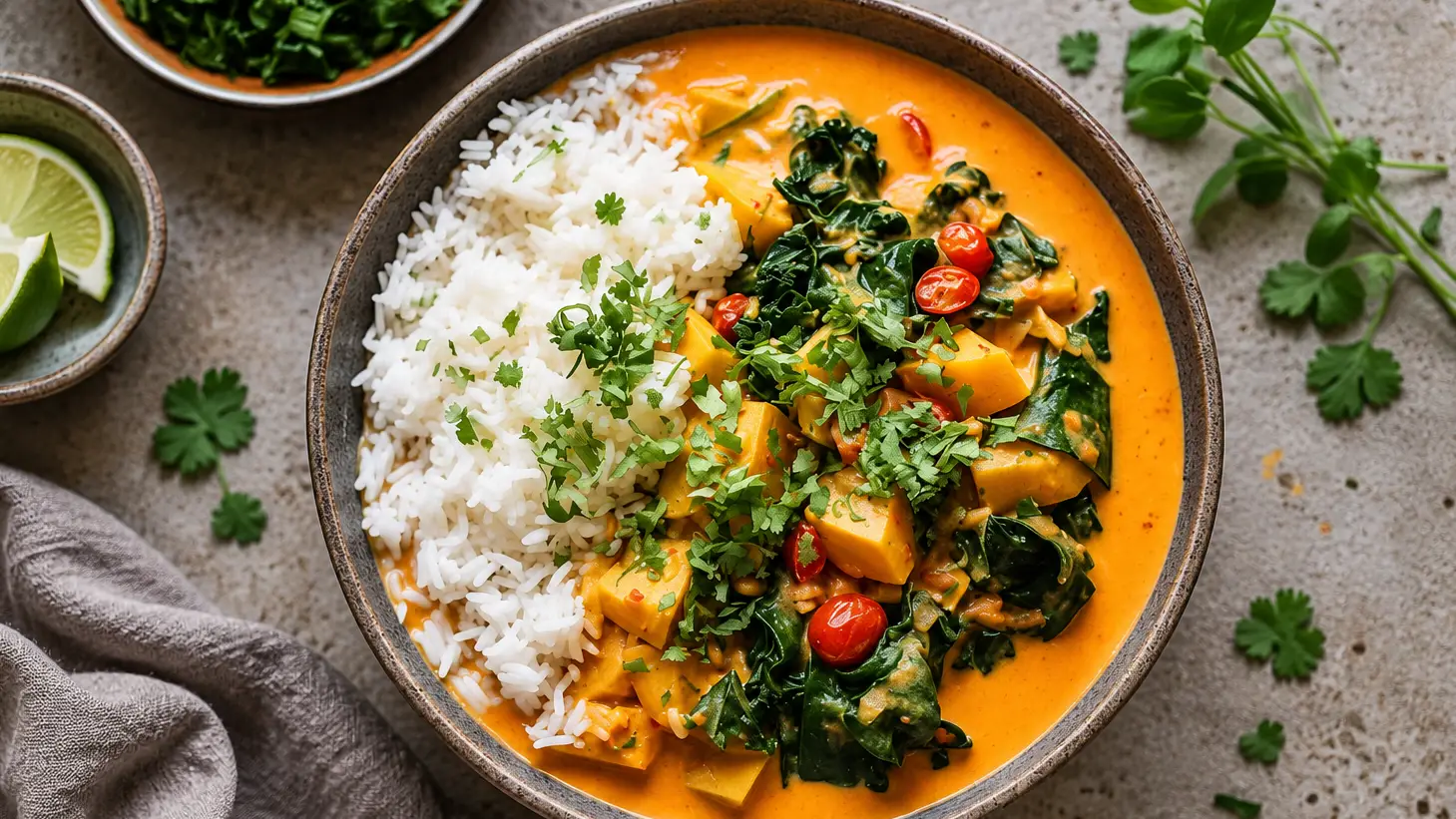 Bol de curry aux légumes, riz blanc et herbes fraîches.