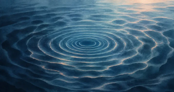 Ondes circulaires bleues se propageant à la surface de l’eau et devenant progressivement irrégulières.