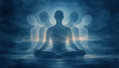 Silhouette d’une personne en méditation avec plusieurs positions superposées de la tête et du buste, évoquant des mouvements spontanés.