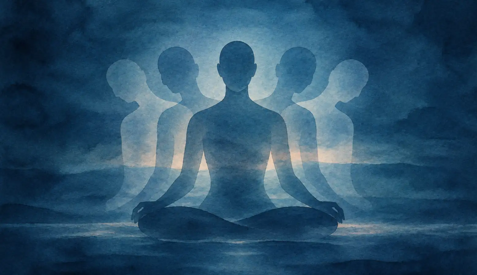 Silhouette d’une personne en méditation avec plusieurs positions superposées de la tête et du buste, évoquant des mouvements spontanés.